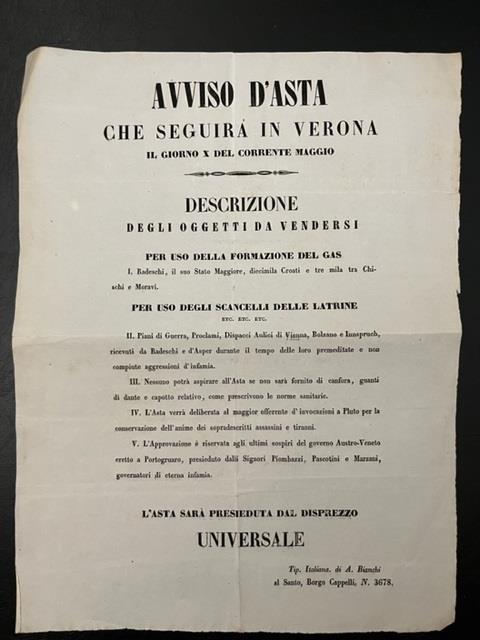 Avviso d'Asta che seguira' in Verona il giorno X del corrente maggio. (Foglio satirico risorgimentale) - copertina