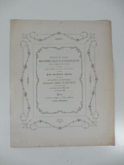 All'Egregio Sig. Cavaliere Melchiorre Falletti di Villafalletto ufficiale nel Reggimento Nizza Cavalleria.. - copertina