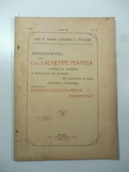 Catalogo dei mobili ed oggetti d'arte antichi e moderni che guarnivano l'appartamento del cavaliere Giuseppe Mantia nominato console al Zanzibar - copertina