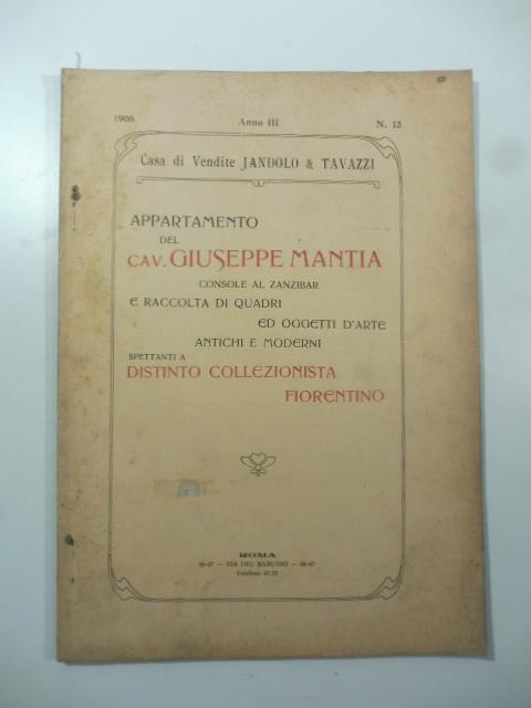 Catalogo dei mobili ed oggetti d'arte antichi e moderni che guarnivano l'appartamento del cavaliere Giuseppe Mantia nominato console al Zanzibar - copertina