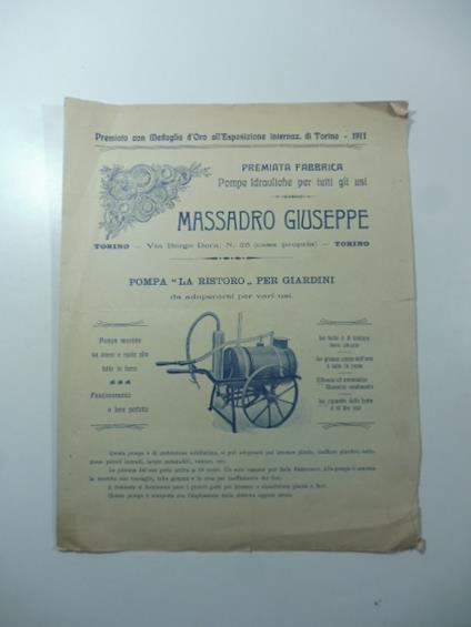 Massadro Giuseppe. Torino. Borgo Dora 25. Pompe idrauliche per tutti gli usi - copertina