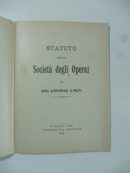 Statuto della Societa' degli operai di San Damiano d'Asti (1914) - copertina