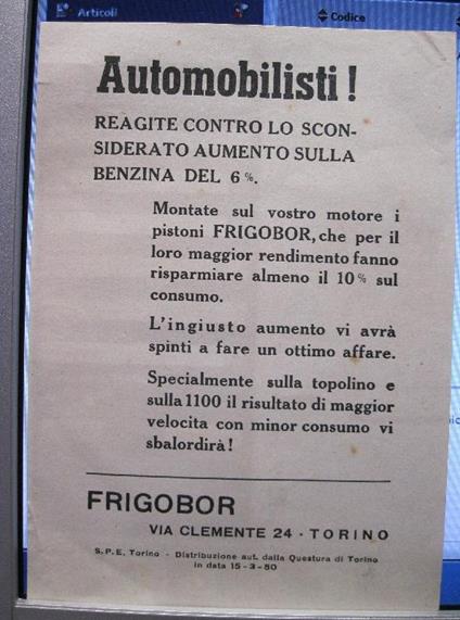 Automobilisti! Reagite contro lo sconsiderato aumento sulla benzina del 6%. Pistoni Frigobor - copertina