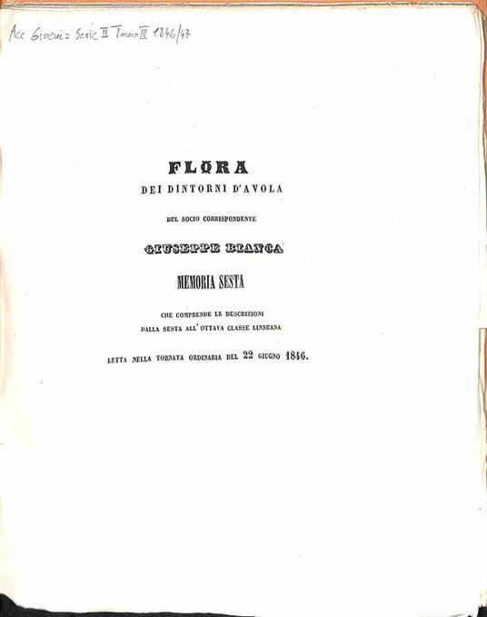 Flora dei dintorni di Avola Memoria sesta che comprende le descrizioni dalla sesta all'ottava classe linneiana - Giuseppe Bianca - copertina