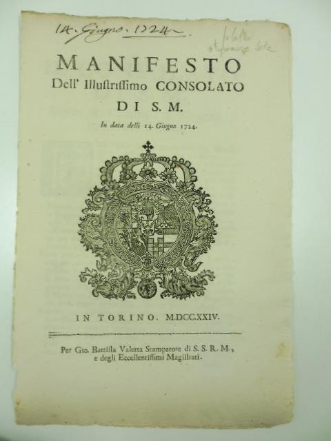 Manifesto dell'illustrissimo consolato di S. M. in data delli 14 Giugno 1724 - copertina