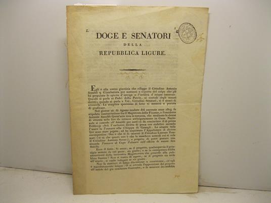 Doge e senatori della Repubblica ligure. Memoria relativa all'esclusivo diritto di pesca '...con stabilire secondo l'usato la tonnara alla Chiappa di Camogli...' - copertina