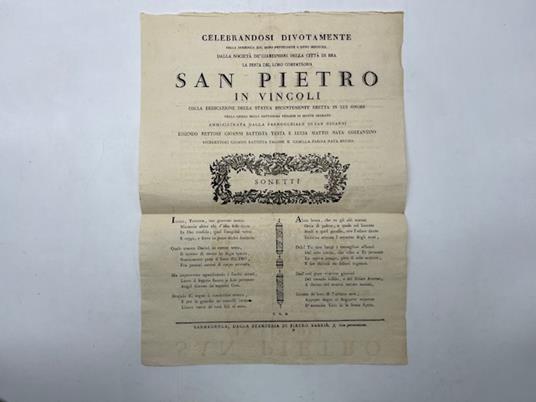 Celebrandosi divotamente nella domenica XIV dopo Pentecoste l'anno MDCCCXX dalla Societa' dei Giardinieri della citta' di Bra la festa del loro compatrono San Pietro in Vincoli colla dedicazione della statua recentemente eretta in lui onore...Sonetti - copertina