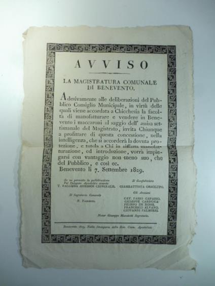 Avviso. La magistratura comunale di Benevento...viene accordata a chicchesia la facolta' di manofatturare e vendere...i maccaroni.. - copertina