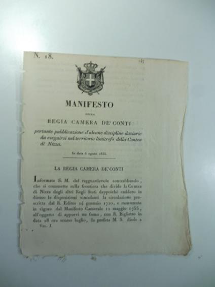 Manifesto della Regia Camera de' Conti portante pubblicazione d'alcune discipline daziarie da eseguirsi nel territorio limitrofo della Contea di Nizza - copertina