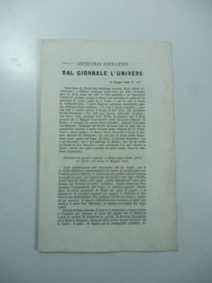 Relazione di quanto e' passato a Roma negli ultimi giorni di aprile e nei primi di maggio 1848 - copertina