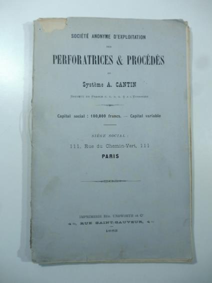 Societe' anonyme d'exploitation des perforatrices & procedes du Systeme A. Cantin - copertina