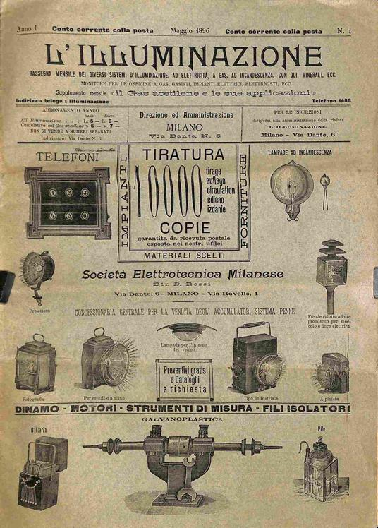 L' illuminazione. Rassegna mensile dei diversi sistemi d'illuminazione...anno I, n. 1, maggio 1896 - copertina