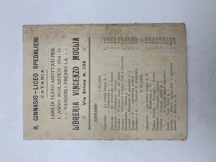 R. Ginnasio Liceo Spedalieri, Catania. Libri di testo adottati per l'anno scolastico 1914-15 vendibili presso la Libreria Vincenzo Muglia - copertina