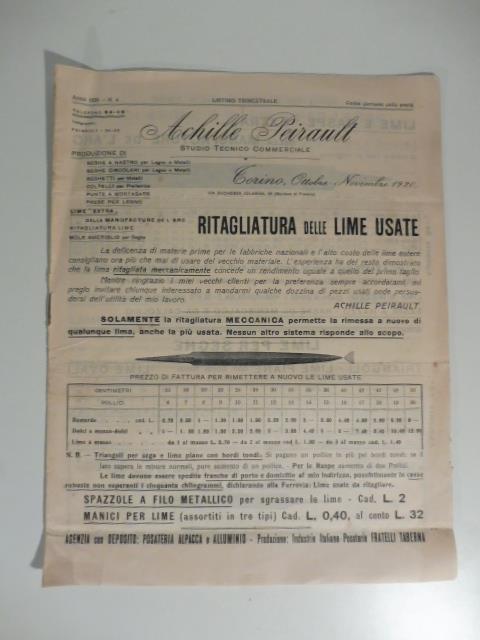 Achille Peirault, Torino. Produzione di seghe a nastro, seghe circolari, seghetti per metalli. Pieghevole pubblicitario - copertina