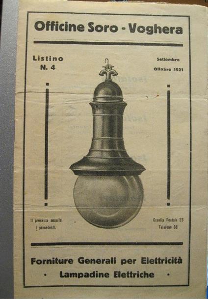 Officine Soro-Voghera, listino n. 4, settembre-ottobre 1921. Forniture generali per elettricita', lampadine elettriche.. - copertina