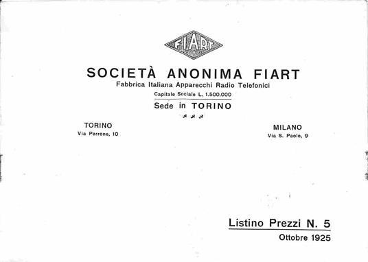 Societa' anonima Fiart. Listino prezzi n. 5, ottobre 1925 - copertina