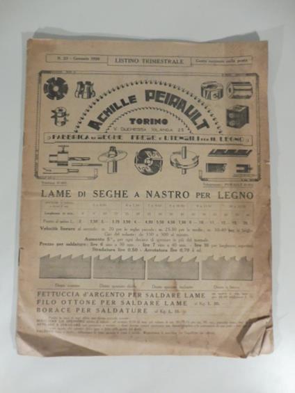 Achille Peirault. Fabbrica di seghe, frese e utensili per il legno. Listino trimestrale - copertina