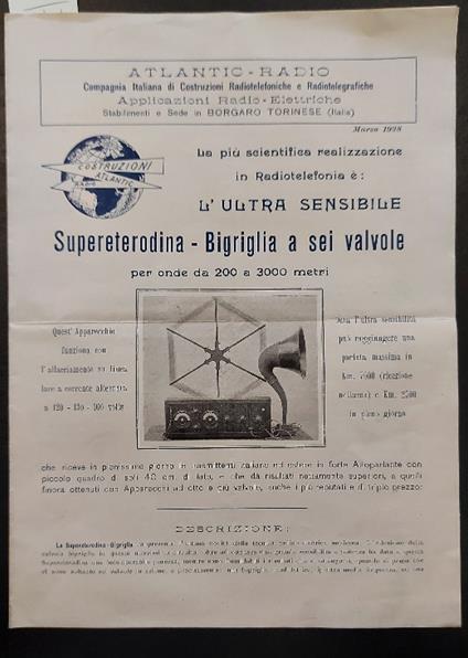 Atlantic Radio. L'ultra sensibile Supereterodina-Bigriglia a sei valvole (pieghevole pubblicitario) - copertina