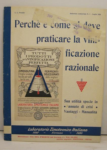 Perche' e come si deve praticare la vinificazione razionale. Sua utilita' specie in annate di crisi, vantaggi, manualita'. Laboratorio zimotecnico italiano - copertina