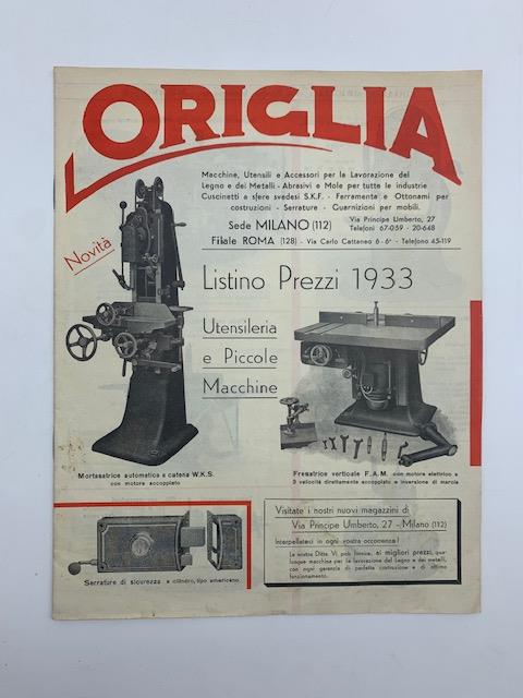 Origlia. Utensileria e piccole macchine. Listino prezzi 1933 - copertina