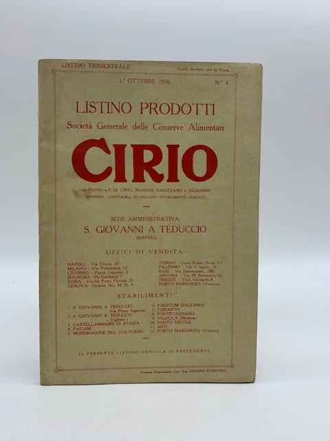 Listino trimestrale prodotti Societa' generale delle Conserve alimentari Cirio, 1o ottobre 1936 - copertina