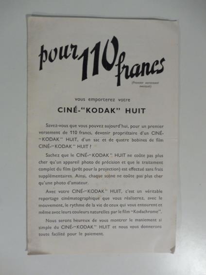 Pour 110 francs vous emporterez cine' Kodak Huit. Pieghevole pubblicitario - copertina