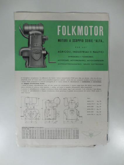 Folkmotor. Motori a scoppio serie Alfa Propulsore fuoribordo Iap. Pieghevole pubblicitario - copertina