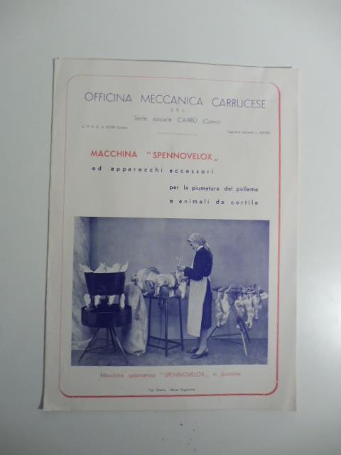 Officina meccanica carrucese. Macchina Spennovelox ed apparecchi accessori per la piumatura del pollame - copertina