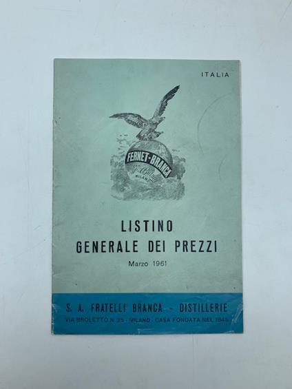 Fernet-Branca. Listino generale dei prezzi. Marzo 1961 - copertina