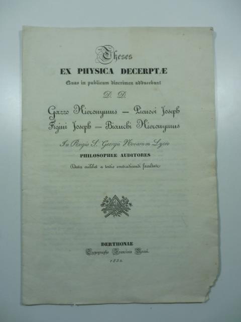 Theses ex Physica decerptae quas in publicum discrimen adducebant... Gazzo Hieronymus, Pienovi Joseph, Figini Joseph, Bianchi Hieronymus - copertina