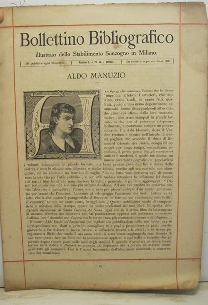 Bollettino bibliografico illustrato dello Stabilimento Sonzogno in Milano. Anno I, n. 4, 1883. Aldo Manuzio - copertina