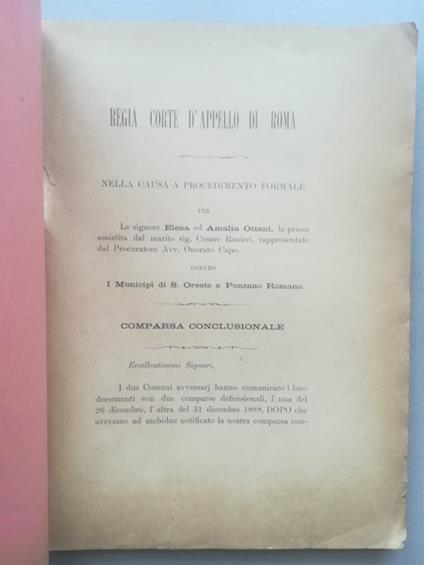 Regia Corte di appello di Roma. Sorelle Ottani contro Comuni di S. Oreste e Ponzano Romano - copertina