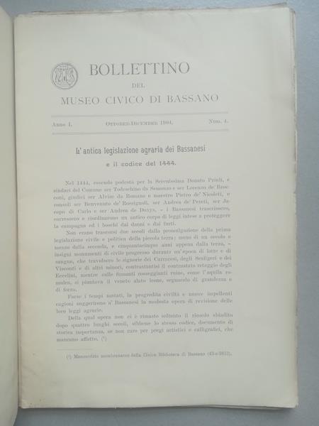 Bollettino del Museo civico di Bassano, anno I, num. 4 - copertina