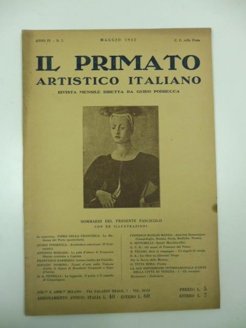 Il primato artistico italiano. Rivista mensile diretta da Guido Podrecca, anno IV, n. 5, maggio 1922 - copertina