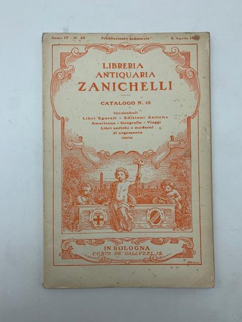 Libreria antiquaria Zanichelli. Catalogo n. 13 - copertina