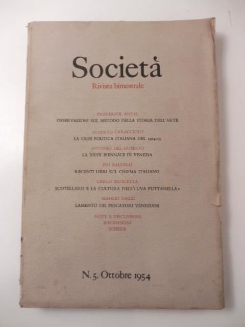 Societa'. Rivista bimestrale, n. 5, ottobre 1954 - copertina