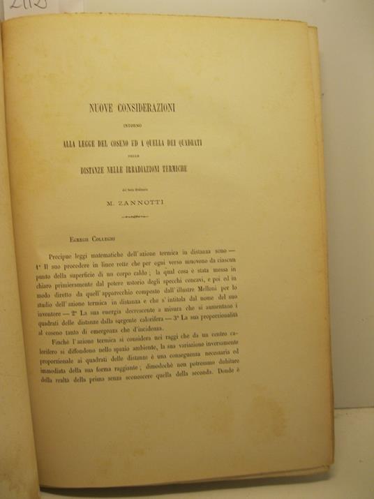 Nuove considerazioni intorno alla legge del coseno ed a quella dei quadrati delle distanze nelle irradiazioni termiche - Maria Zannotti - copertina