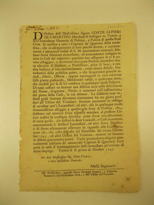 D'ordine dell'Illustrissimo Signor Conte Alfieri di S. Martino marchese di Sostegno... si notifica a tutti i capitani de' Quartieri... che debbano riconoscere ed attentamente indagare in tutte le case... se si trovino alloggiate o altrimenti ricovera - copertina