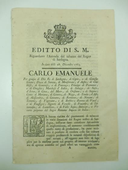 EDITTODI S. M. RIGUARDANTE L'AZIENDA DEL TABACCO DEL REGNO DI SARDEGNA In data delli 28 dicembre 1763 - copertina