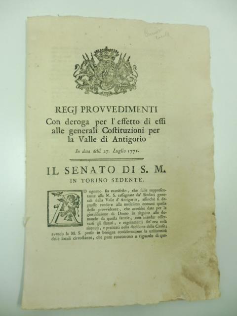 Regj provvedimenti con deroga per l'effetto di essi alle generali costituzioni per la valle di Antigorio in data delli 27 Luglio 1771 - copertina