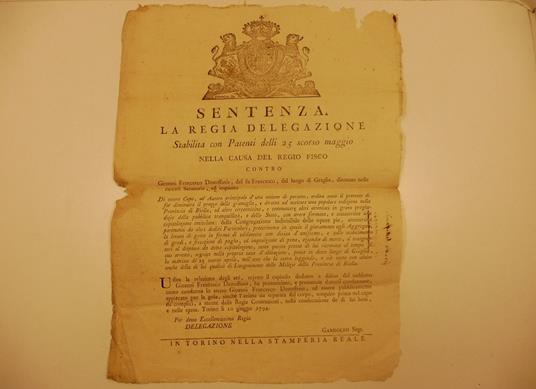 Sentenza... nella causa del R. fisco contro Gioanni Francesco Desteffanis del fu Francesco del luogo di Graglia ditenuto... Di essere capo ed autore principale di una unione di persone ordita sotto il pretesto di far diminuire il presso delle granagl - copertina