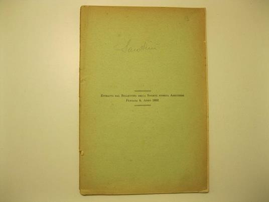 Estratto dal Bollettino della Societa' storica Abruzzese. Puntata 8, Anno 1892 - copertina