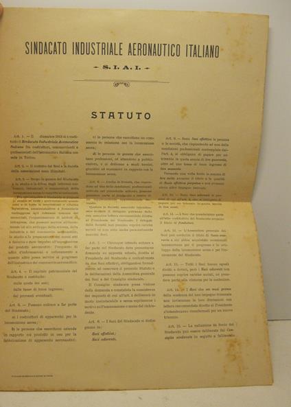 Sindacato industriale aeronautico italiano. S. I. A. I. Statuto - copertina