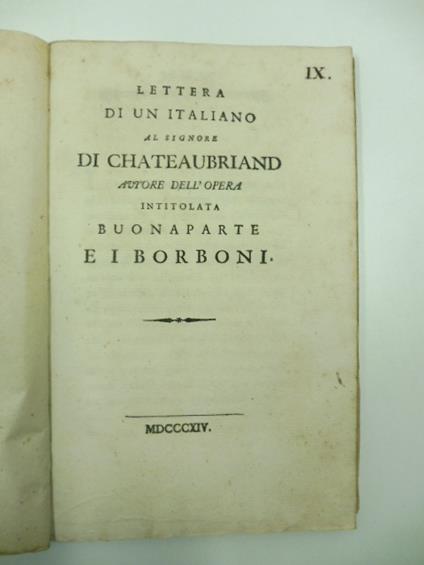 Lettera di un italiano al Signore di Chateaubriand autore dell'opera Buonaparte e i Borboni - copertina