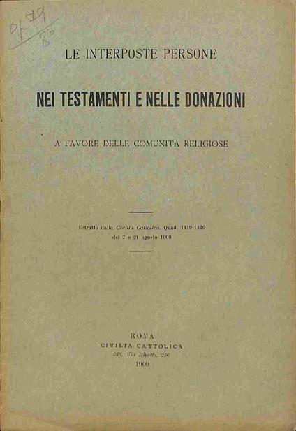 Le interposte persone nei testamenti e nelle donazioni a favore delle Comunita' religiose - copertina