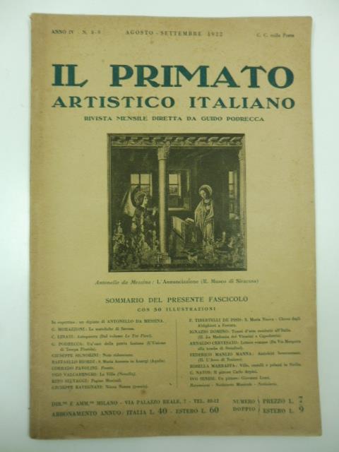 Il primato artistico italiano. Rivista mensile diretta da Guido Podrecca, anno IV, n. 8-9, agosto-settembre 1922 - copertina