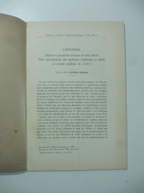 L' influenza. Origine et acceptions diverses de cette parole. Serie chronologique des epidemies d'influenza en Italie. La grande epidemie de 1580 - copertina