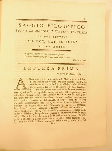 Saggio filosofico sopra la musica imitativa teatrale in due lettere del dot. Matteo Borsa ad un amico. Lettera prima SEGUE Saggio filosofico sopra la musica imitativa... Lettera seconda - copertina