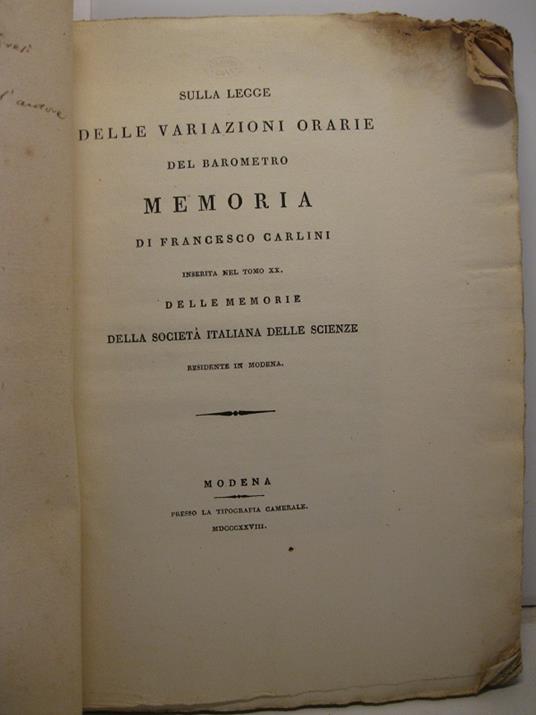 Sulla legge delle variazioni orarie del barometro. Memoria inserita nel tomo XX delle memorie della Societa' Italiana delle Sciemze residente in Modena - copertina