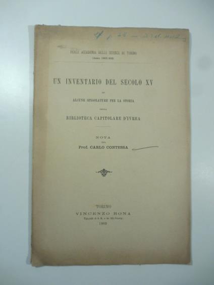 Un inventario del secolo XV ed alcune spigolature per la storia della biblioteca capitolare d'Ivrea. Nota - copertina